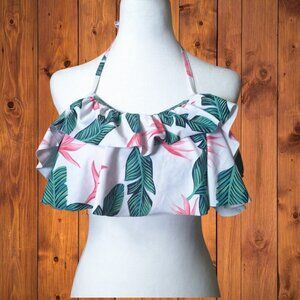 Heat Move Floral Tropical Flouncy Bikini Halter Top Tie Back Size Large Beach